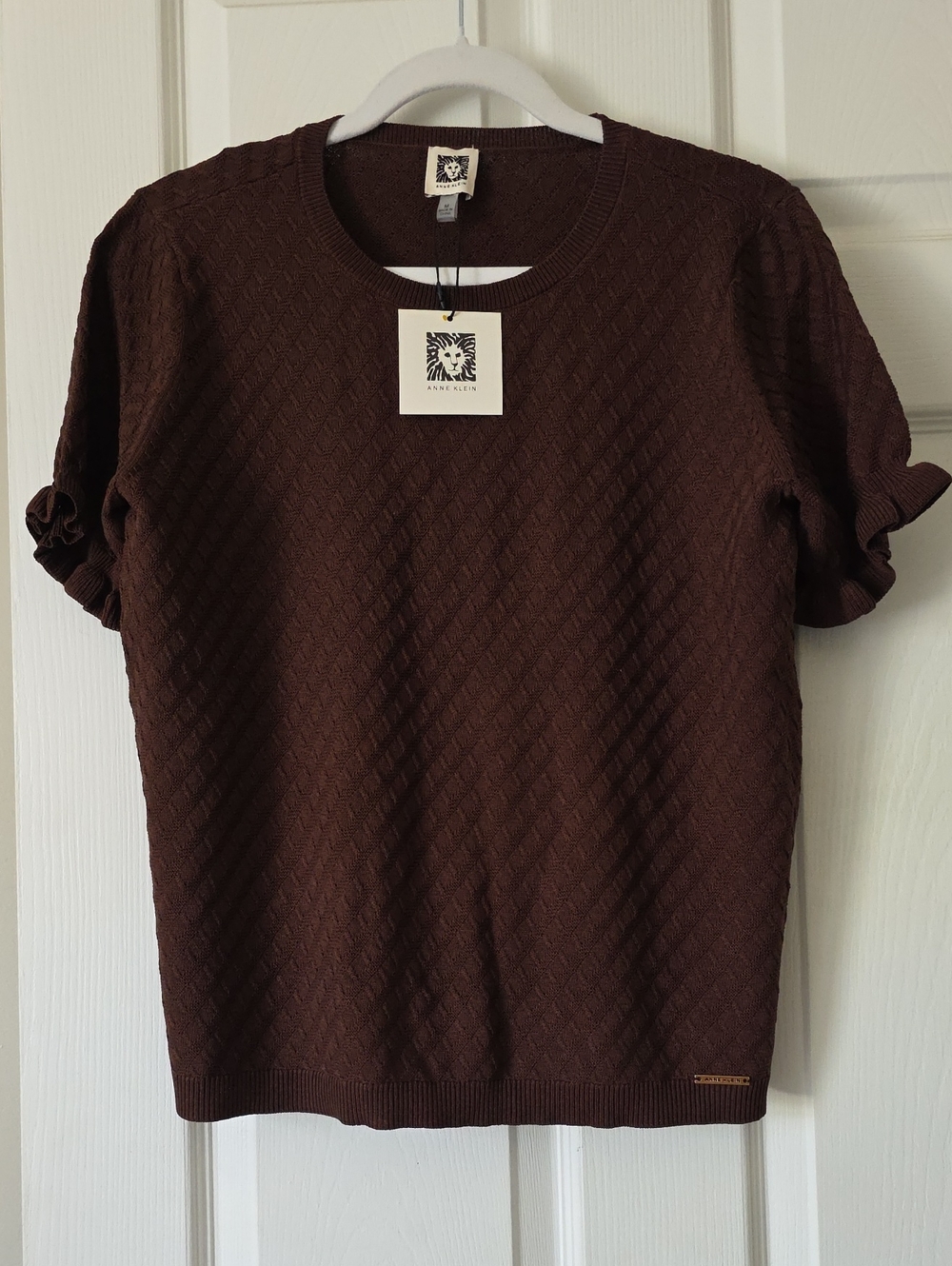 Anne Klein Dark Brown Crewneck Short-Sleeve Textured Sweater
